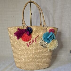 Betsey Johnson XOX Women's Tan Woven Straw Floral Beach Picnic Tote Bag *READ